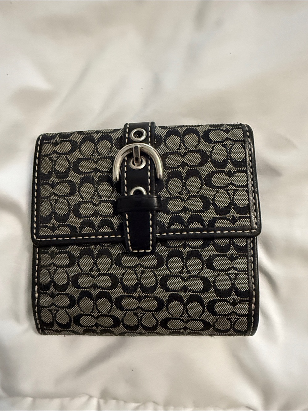 Coach Black & Cream Signature Buckle Compact Wallet